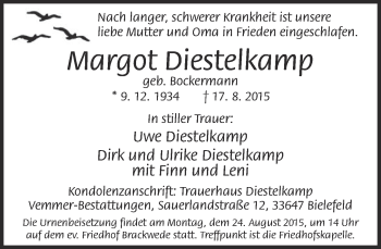 Traueranzeige von Margot Diestelkamp von Neue Westfälische