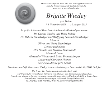 Traueranzeige von Brigitte Wiedey von Neue Westfälische