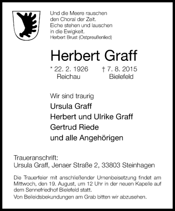 Traueranzeige von Herbert Graff von Neue Westfälische