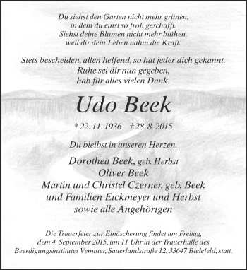 Traueranzeige von Udo Beek von Neue Westfälische
