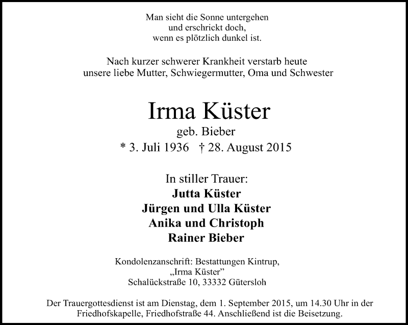  Traueranzeige für Irma Küster vom 29.08.2015 aus Neue Westfälische