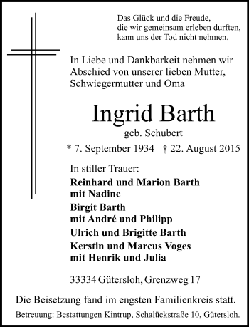 Traueranzeige von Ingrid Barth von Neue Westfälische