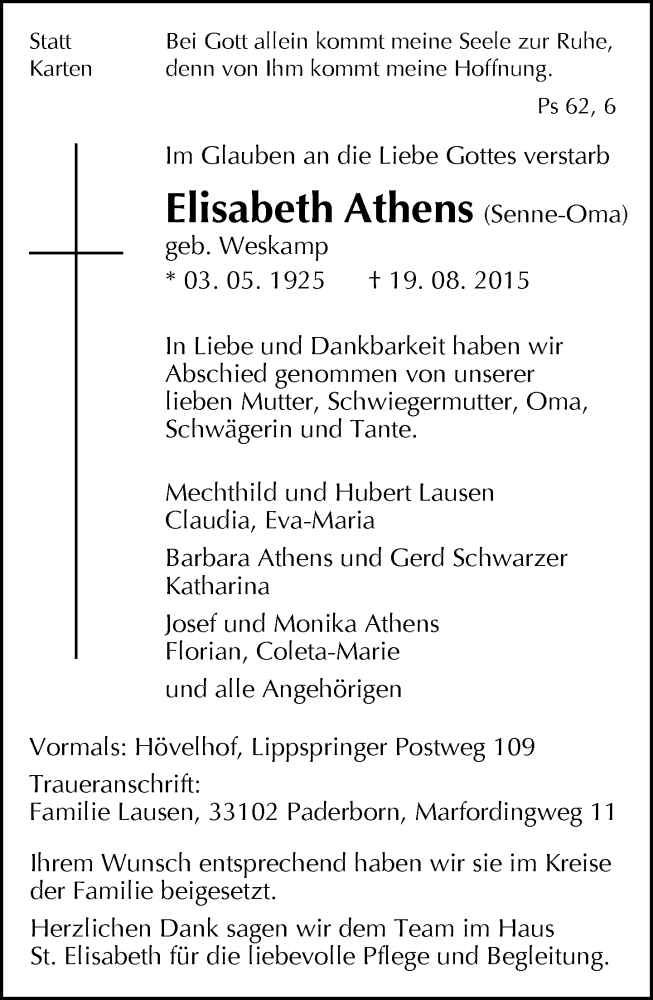  Traueranzeige für Elisabeth Athens vom 29.08.2015 aus Neue Westfälische