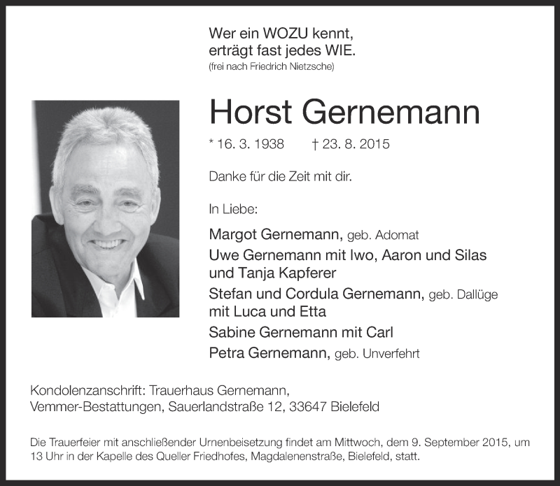  Traueranzeige für Horst Gernemann vom 29.08.2015 aus Neue Westfälische