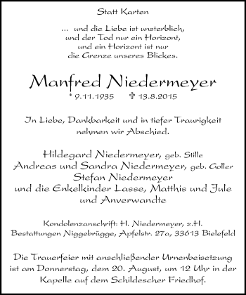 Traueranzeige von Manfred Niedermeyer von Neue Westfälische