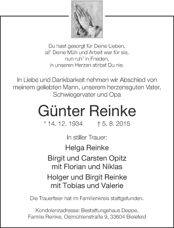 Traueranzeige von Günter Reinke von Neue Westfälische