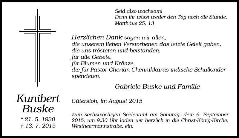  Traueranzeige für Kunibert Buske vom 22.08.2015 aus Neue Westfälische