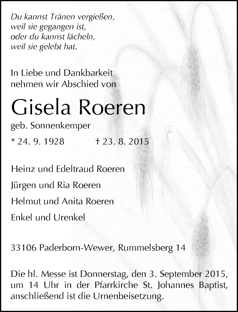  Traueranzeige für Gisela Roeren vom 29.08.2015 aus Neue Westfälische