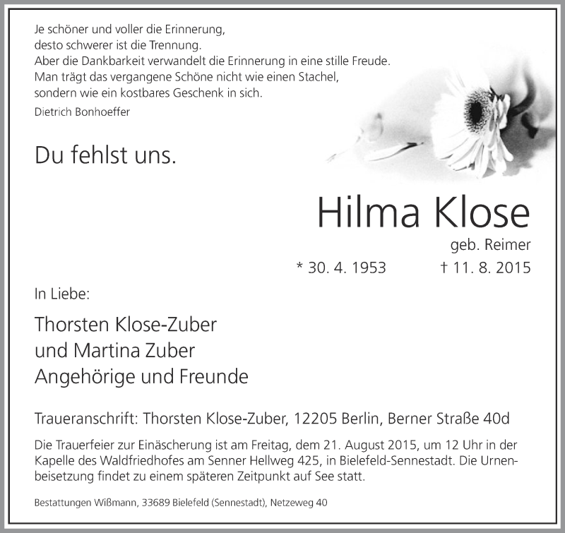  Traueranzeige für Hilma Klose vom 15.08.2015 aus Neue Westfälische