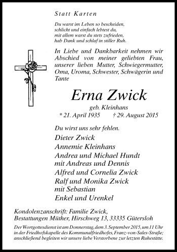 Traueranzeige von Erna Zwick von Neue Westfälische