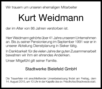 Traueranzeige von Kurt Weidmann von Neue Westfälische