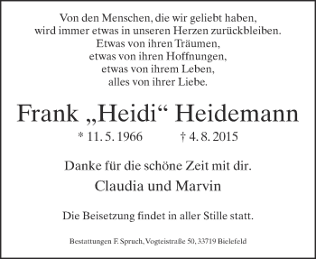 Traueranzeige von Frank  Heidemann von Neue Westfälische