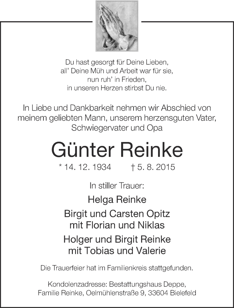  Traueranzeige für Günter Reinke vom 12.08.2015 aus Neue Westfälische