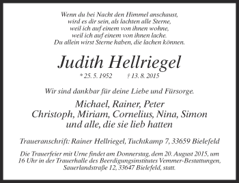 Traueranzeige von Judith Hellriegel von Neue Westfälische