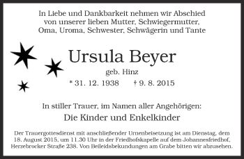 Traueranzeige von Ursula Beyer von Neue Westfälische
