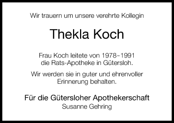 Traueranzeige von Thekla Koch von Neue Westfälische