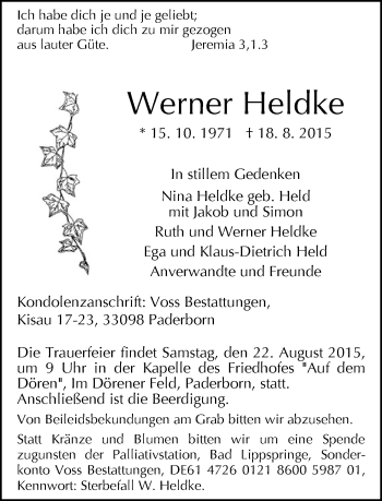 Traueranzeige von Werner Heldke von Neue Westfälische