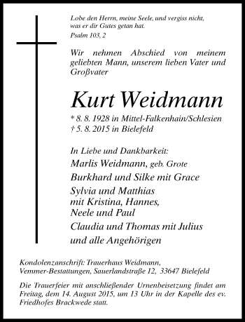 Traueranzeige von Kurt Weidmann von Neue Westfälische