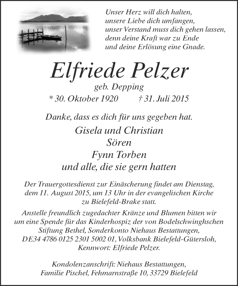  Traueranzeige für Elfriede Pelzer vom 08.08.2015 aus Neue Westfälische