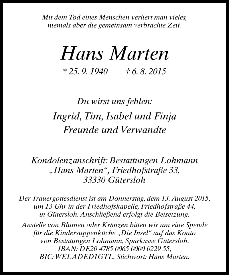  Traueranzeige für Hans Marten vom 08.08.2015 aus Neue Westfälische