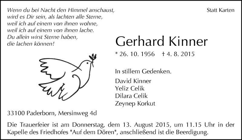  Traueranzeige für Gerhard Kinner vom 11.08.2015 aus Neue Westfälische