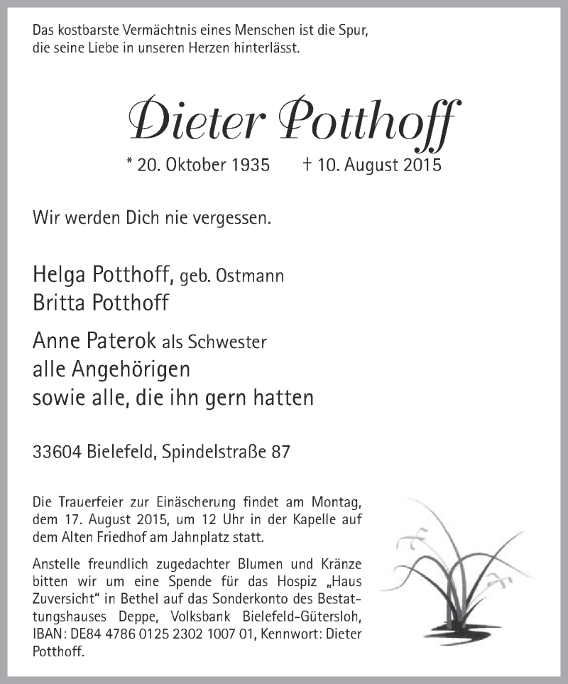  Traueranzeige für Dieter Potthoff vom 12.08.2015 aus Neue Westfälische
