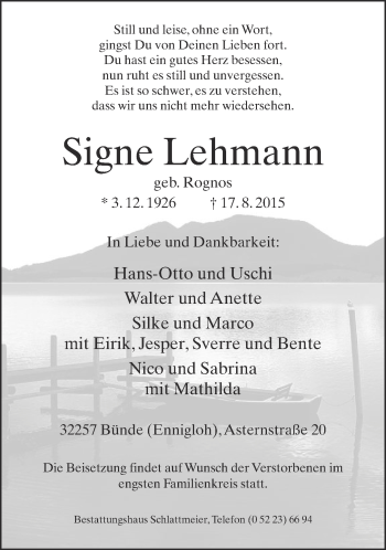 Traueranzeige von Signe Lehmann von Neue Westfälische