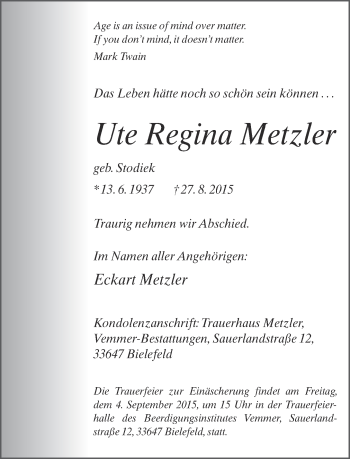 Traueranzeige von Ute Regina Metzler von Neue Westfälische