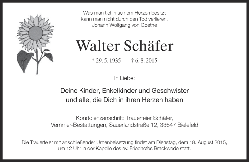  Traueranzeige für Walter Schäfer vom 15.08.2015 aus Neue Westfälische