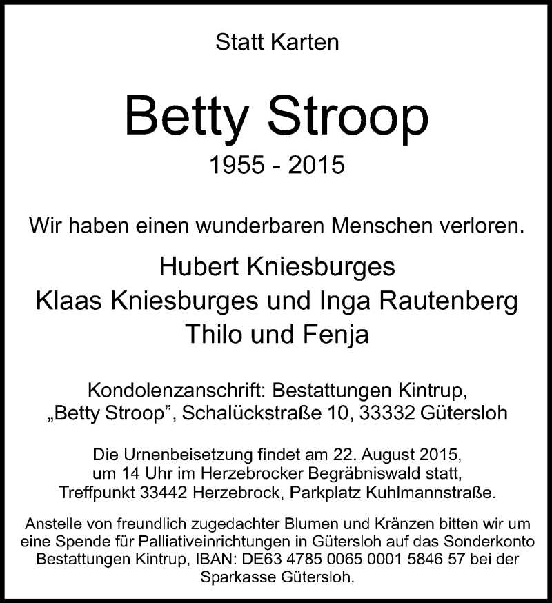  Traueranzeige für Betty Stroop vom 15.08.2015 aus Neue Westfälische