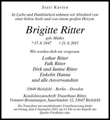 Traueranzeige von Brigitte Ritter von Neue Westfälische