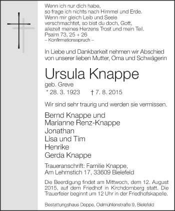 Traueranzeige von Ursula Knappe von Neue Westfälische