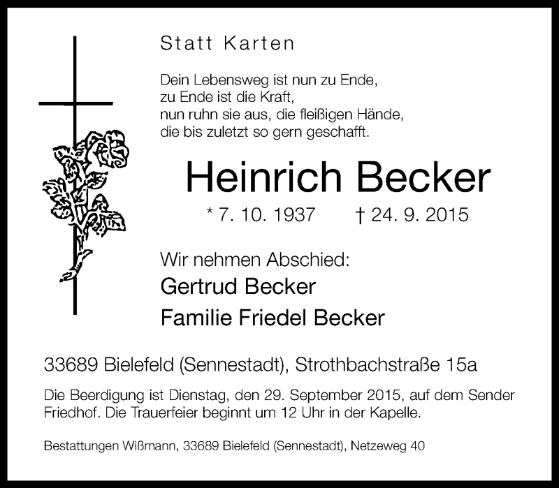  Traueranzeige für Heinrich Becker vom 26.09.2015 aus Neue Westfälische