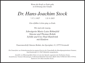 Traueranzeige von Hans-Joachim Stock von Neue Westfälische