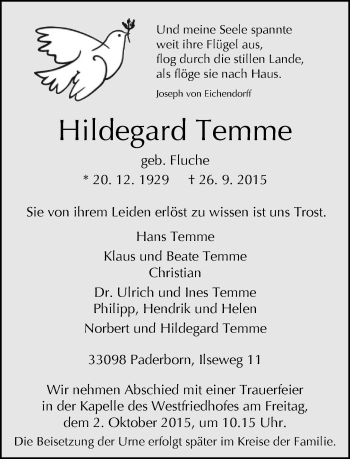 Traueranzeige von Hildegard Temme von Neue Westfälische