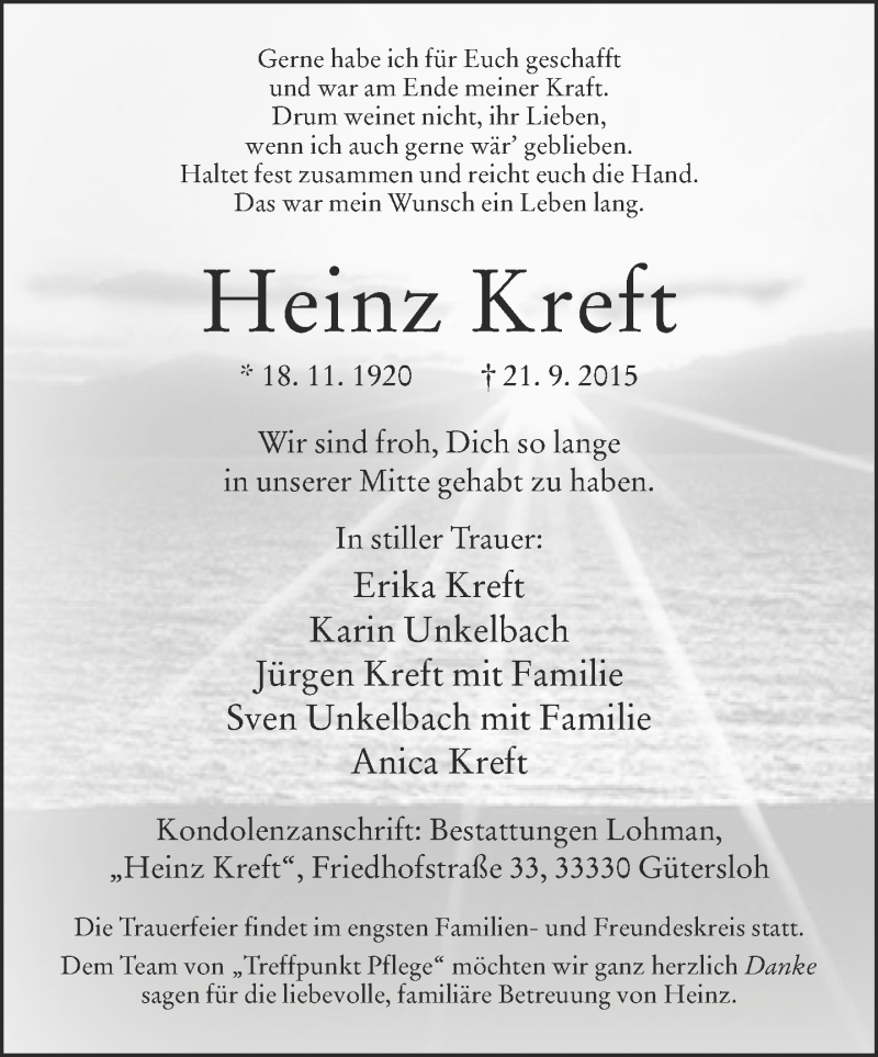  Traueranzeige für Heinz Kreft vom 26.09.2015 aus Neue Westfälische