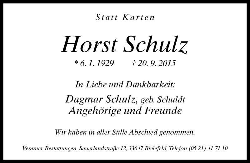  Traueranzeige für Horst Schulz vom 26.09.2015 aus Neue Westfälische