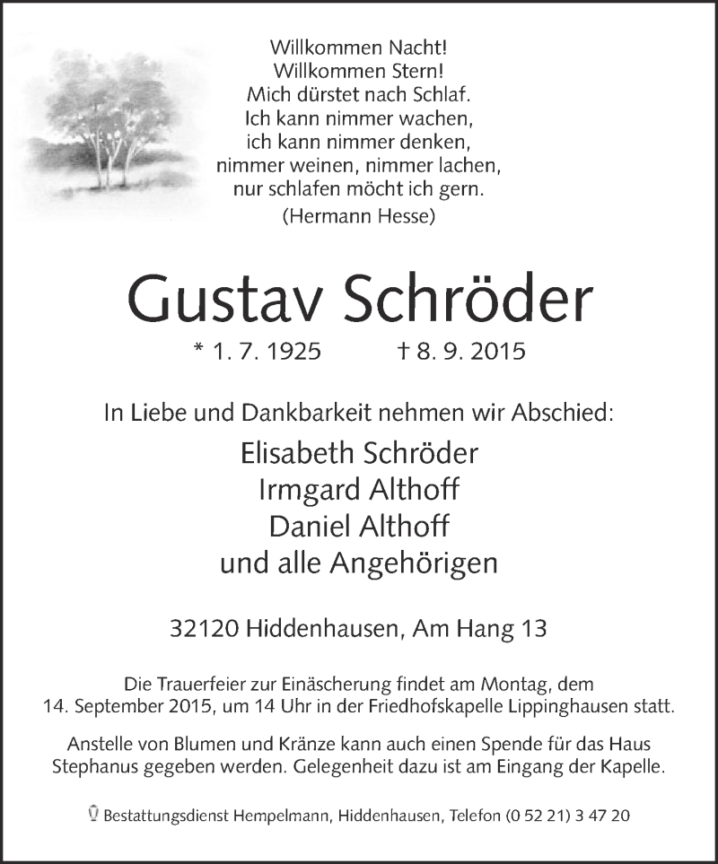  Traueranzeige für Gustav Schröder vom 10.09.2015 aus Neue Westfälische