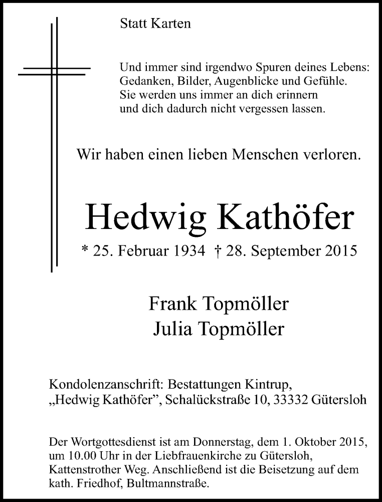 Traueranzeige für Hedwig Kathöfer vom 30.09.2015 aus Neue Westfälische