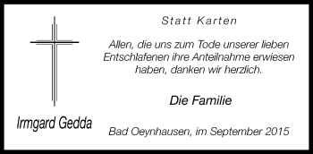 Traueranzeige von Irmgard Gedda von Neue Westfälische