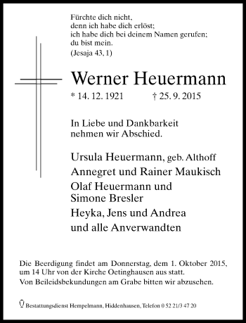 Traueranzeige von Werner Heuermann von Neue Westfälische
