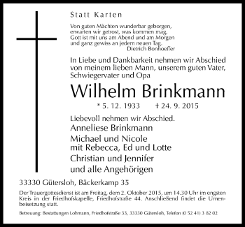 Traueranzeige von Wilhelm Brinkmann von Neue Westfälische