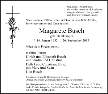 Traueranzeige von Margarete Busch von Neue Westfälische