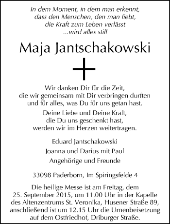 Traueranzeige von Maja Jantschakowski von Neue Westfälische