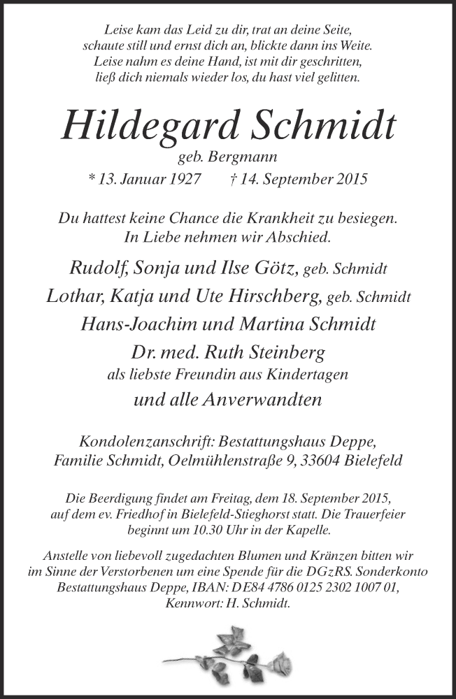  Traueranzeige für Hildegard Schmidt vom 16.09.2015 aus Neue Westfälische