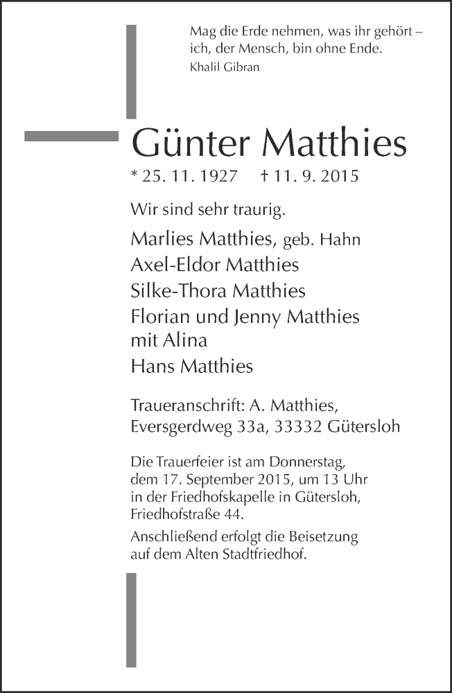  Traueranzeige für Günter Matthies vom 14.09.2015 aus Neue Westfälische