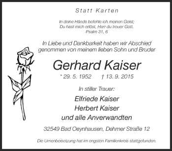 Traueranzeige von Gerhard Kaiser von Neue Westfälische