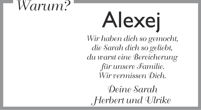  Traueranzeige für Alexej  vom 15.09.2015 aus Neue Westfälische