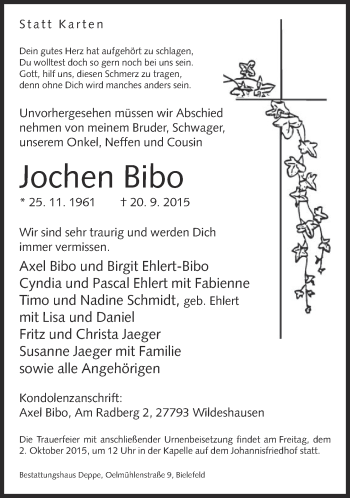 Traueranzeige von Jochen Bibo von Neue Westfälische