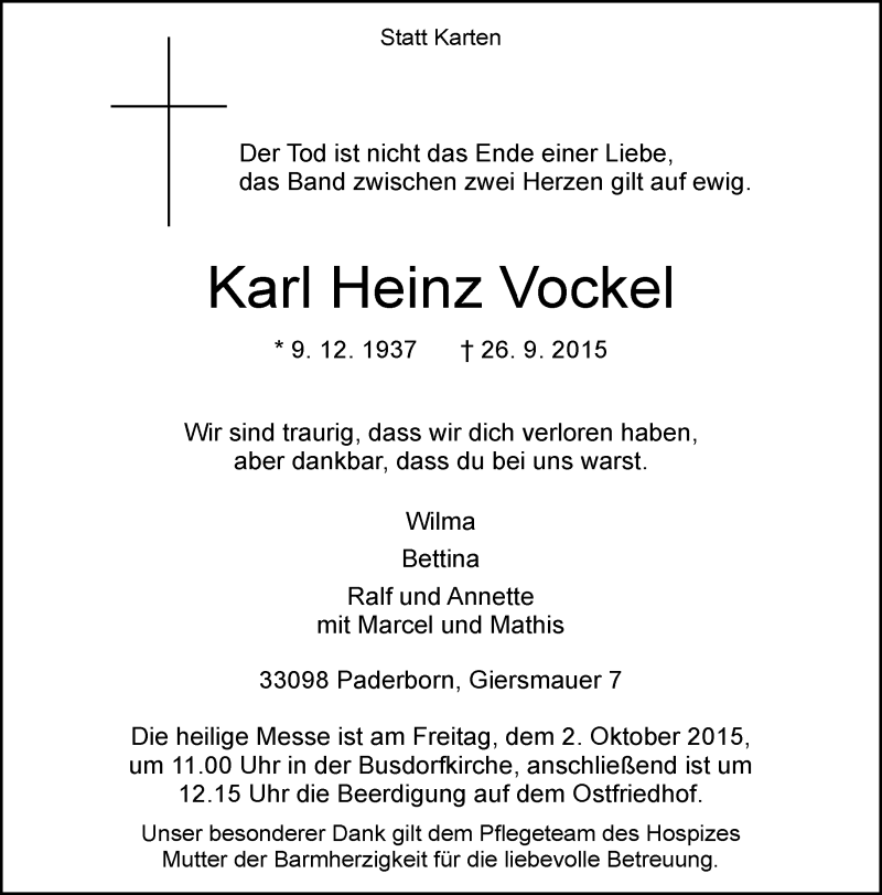  Traueranzeige für Karl Heinz Vockel vom 29.09.2015 aus Neue Westfälische
